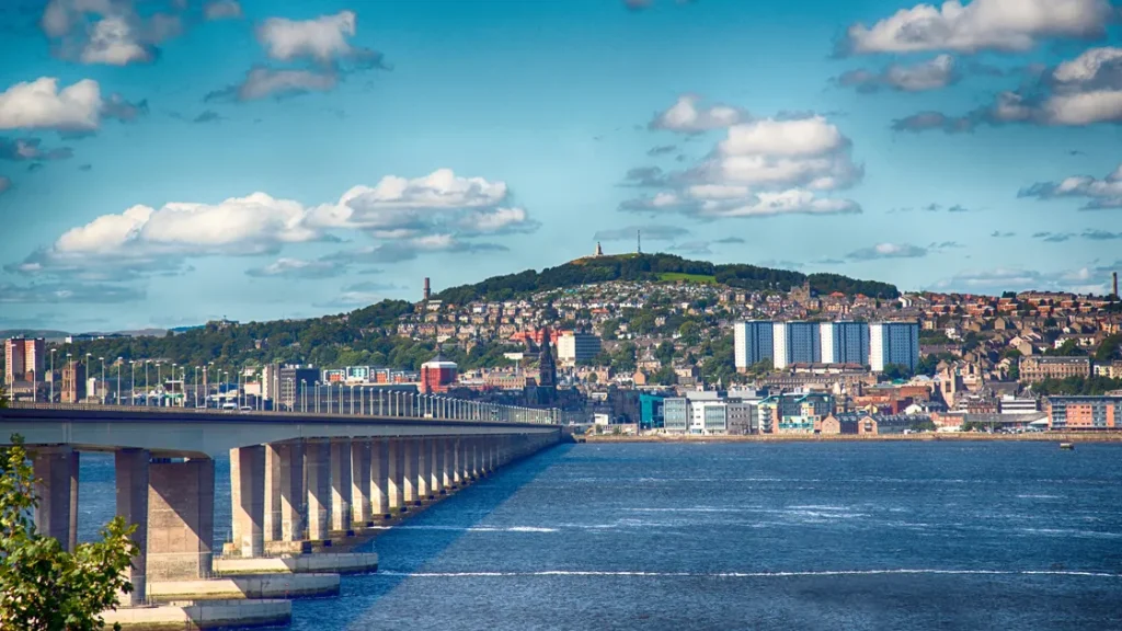 Dundee's waterfront with the iconic V&A Dundee or Tay Bridge in the background,